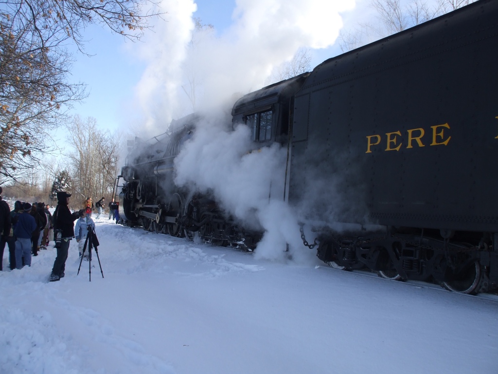 Steam engine, steam, smoke, people, Pere Marquette #1225