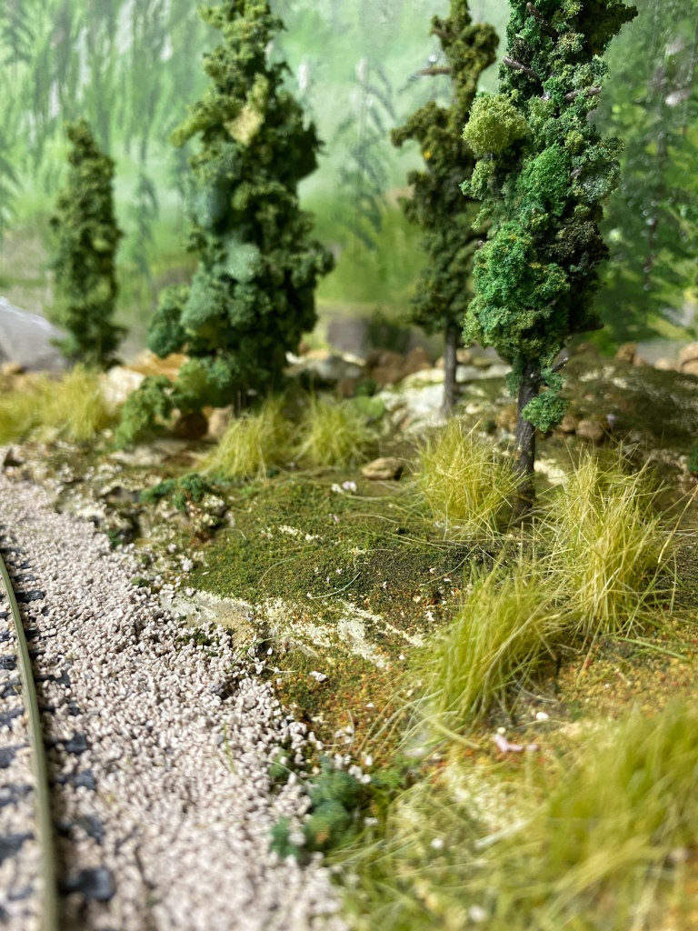 HO scale track, weeds, ballast, trees, backdrop